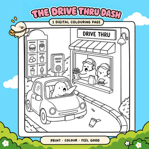A digital coloring page illustration for kids featuring a cartoon drive-thru scene. The black-and-white line art shows a small car, a fast-food restaurant window with characters ordering, a menu board, and a small bird character in the top left.