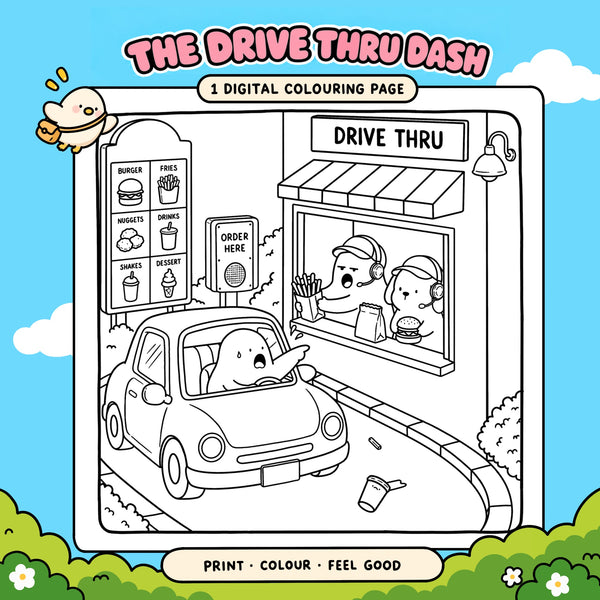 A digital coloring page illustration for kids featuring a cartoon drive-thru scene. The black-and-white line art shows a small car, a fast-food restaurant window with characters ordering, a menu board, and a small bird character in the top left.