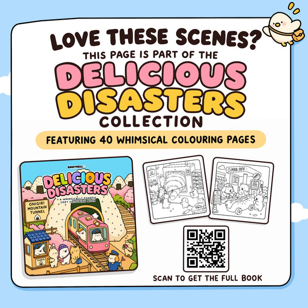Graphic for the 'Delicious Disasters Collection' colouring book, featuring a white rounded card with colourful text, sample colouring pages, and a QR code on a light blue background.