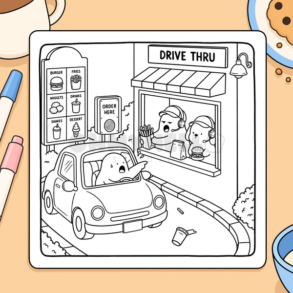 A black and white line art illustration of a cute cartoon character driving a car into a drive-thru restaurant, shown on a white sheet against a warm beige background with colored markers and a cookie visible.