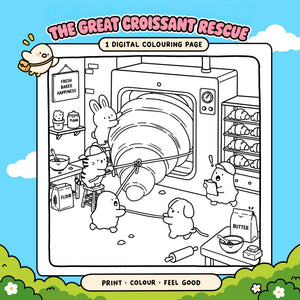 A black and white line art digital coloring page featuring cute cartoon animals in a bakery scene with a large croissant, surrounded by a blue sky background with text reading 'THE GREAT CROISSANT RESCUE' and '1 DIGITAL COLOURING PAGE'.