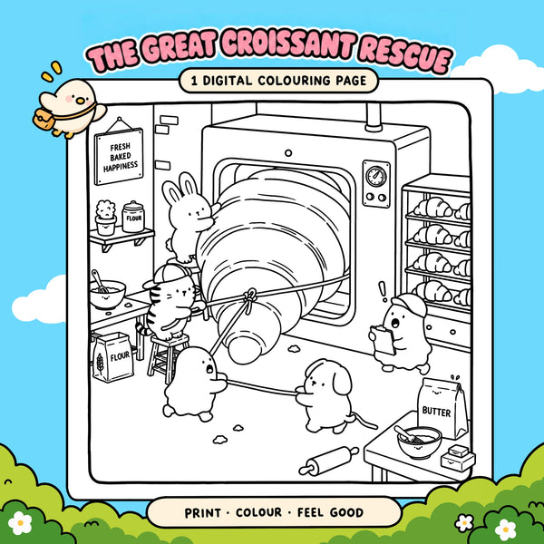 A black and white line art digital coloring page featuring cute cartoon animals in a bakery scene with a large croissant, surrounded by a blue sky background with text reading 'THE GREAT CROISSANT RESCUE' and '1 DIGITAL COLOURING PAGE'.