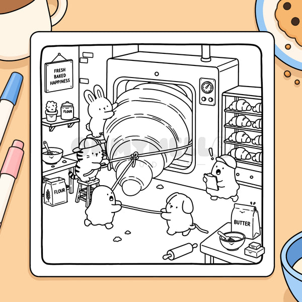 A square black-and-white cartoon illustration printed on a white card, showing cute animals in a baking scene with a large oven, flour, butter, and shelves. The card is centered on a warm beige background with partial colored pens and a cookie visible around the edges.